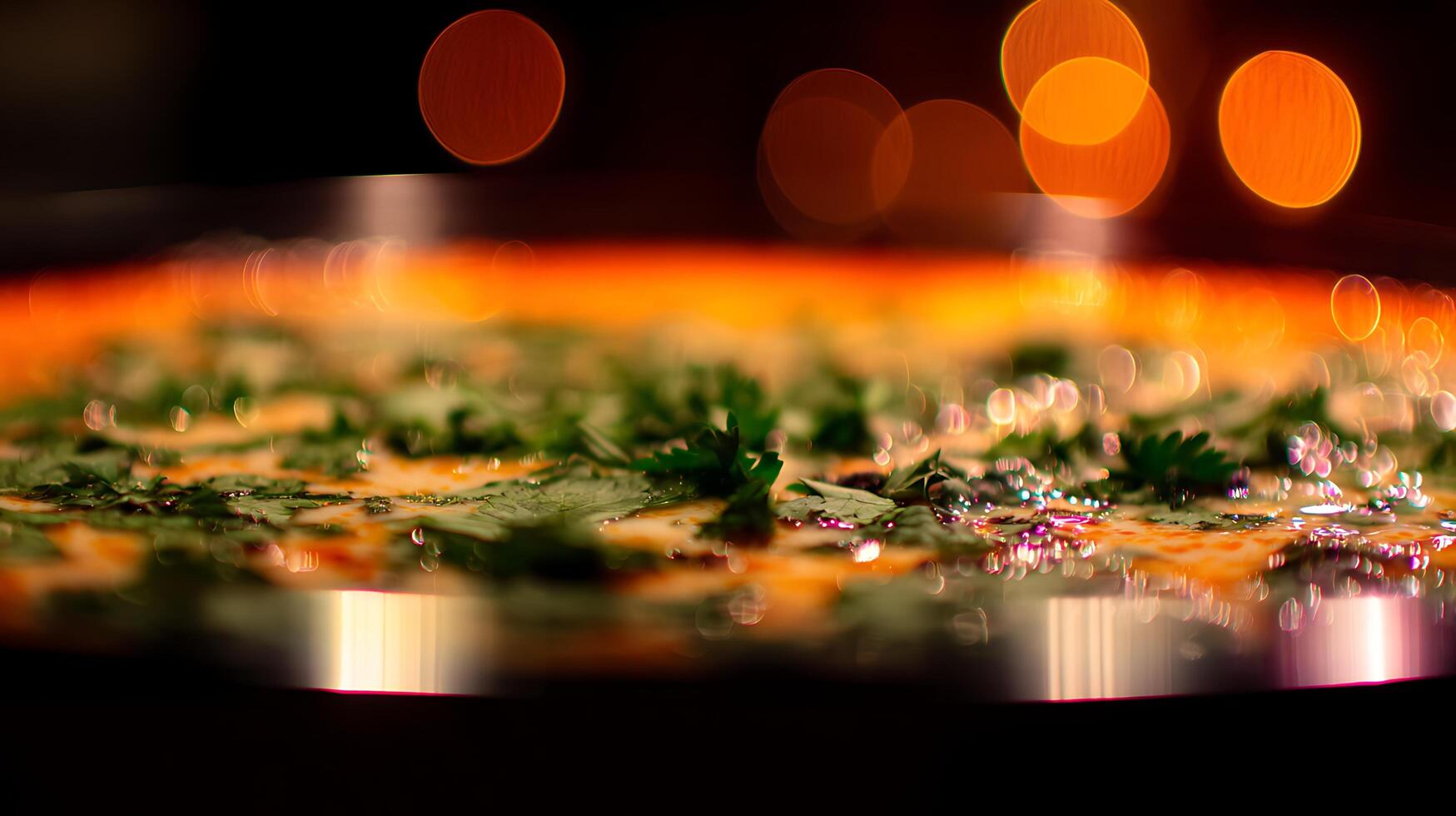 Close Up of Delicious Food with Warm Bokeh Lights and Herbs. photo