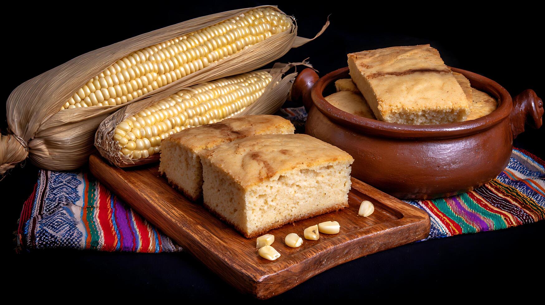 Fresh Corn and Delicious Cornbread Ready to Enjoy on a Colorful Cloth. photo