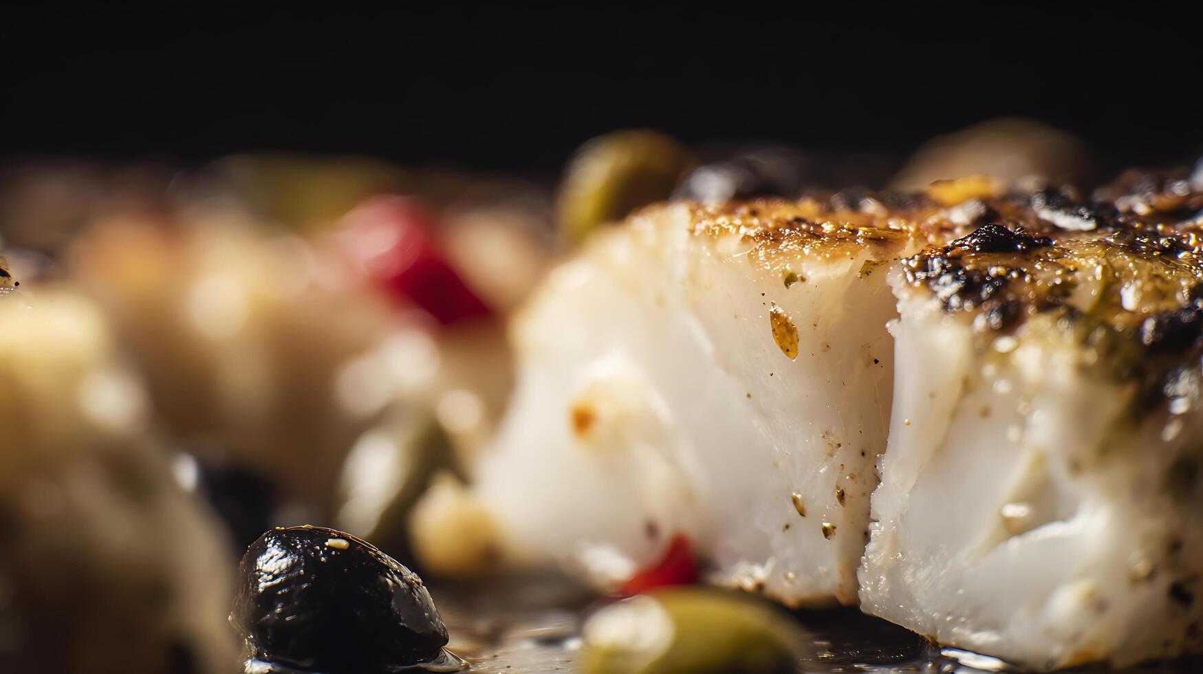 Deliciously Cooked Fish Fillet with Olives and Peppers Close Up. photo