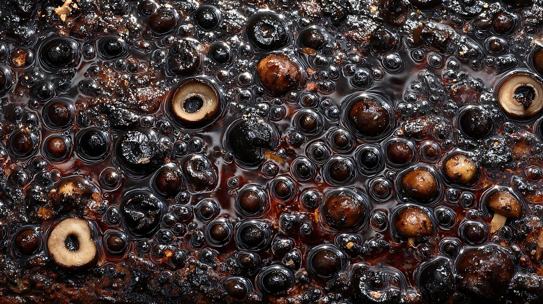 Close up view of bubbling cooked food with olives and spices. photo