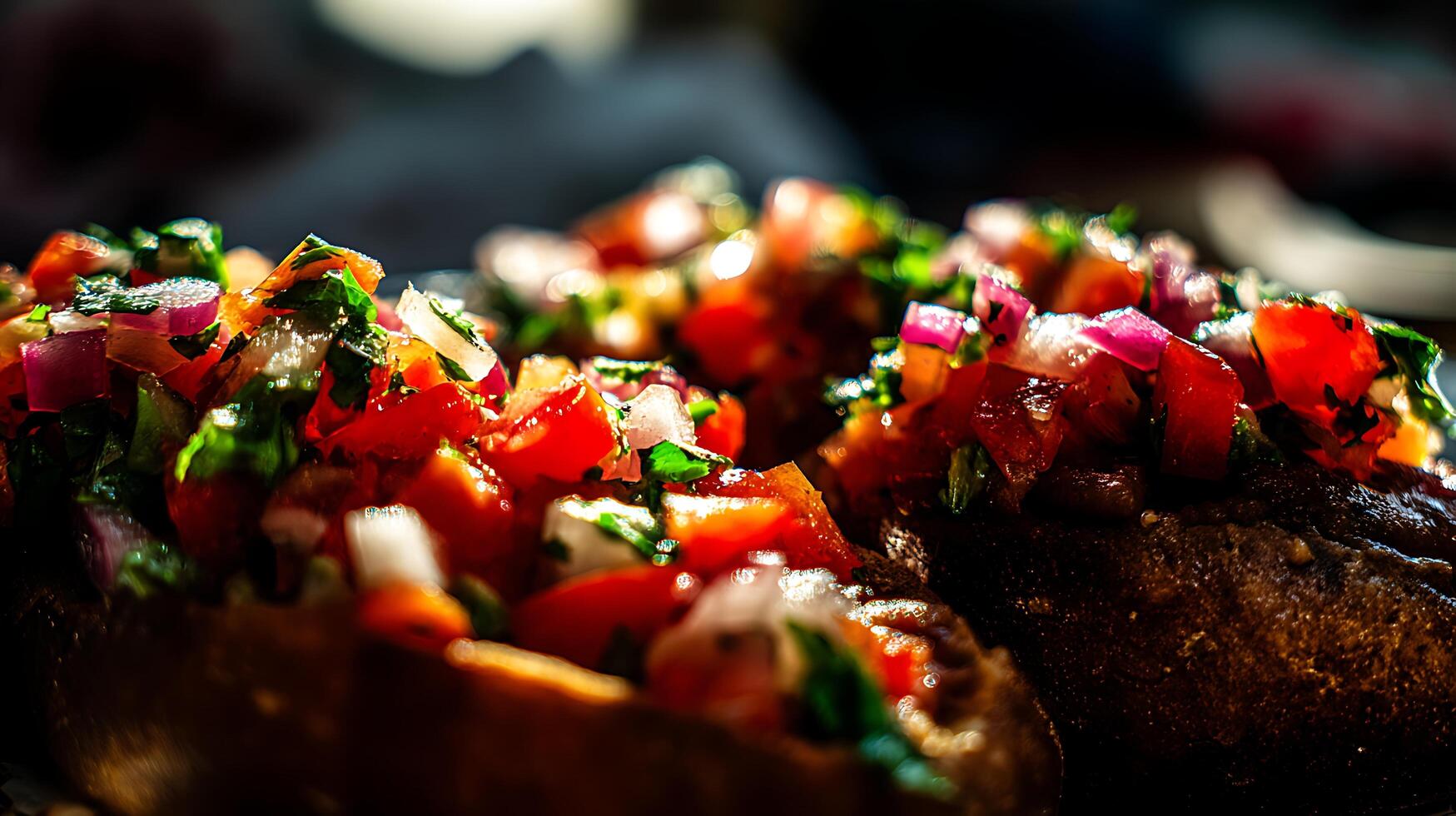 Fresh Bruschetta Topped with Vibrant Tomato and Herb Mix. photo