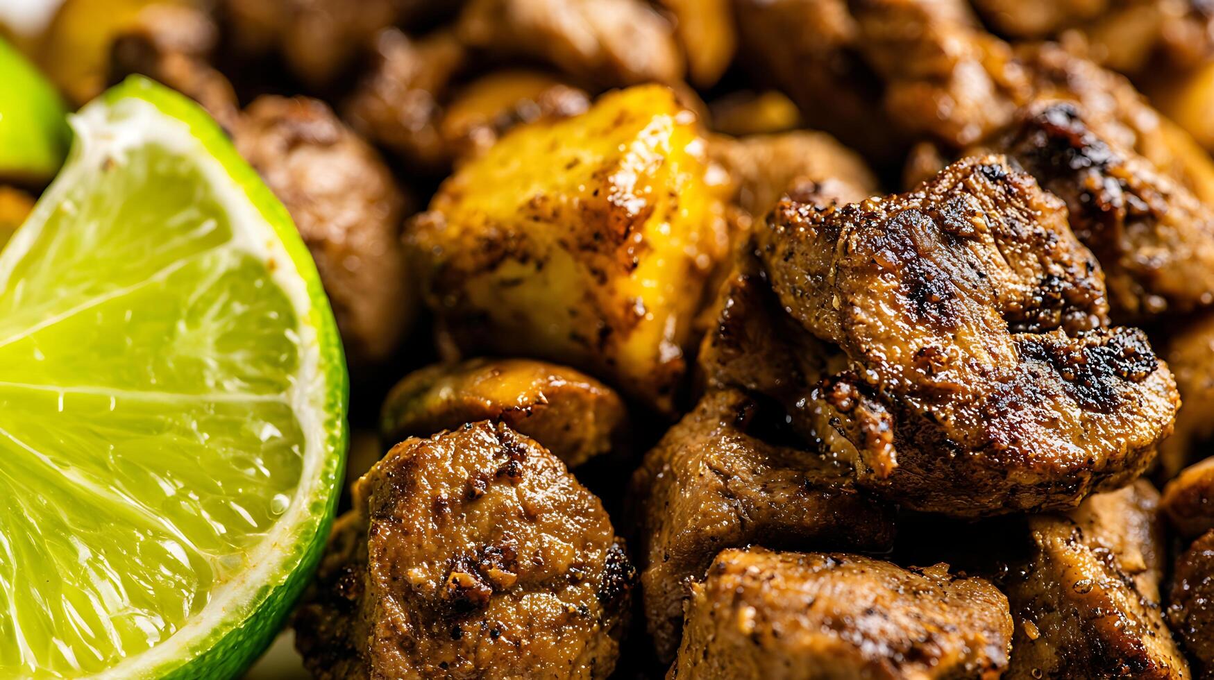 Juicy Grilled Meat Cubes with Fresh Lime Wedge Close Up. photo