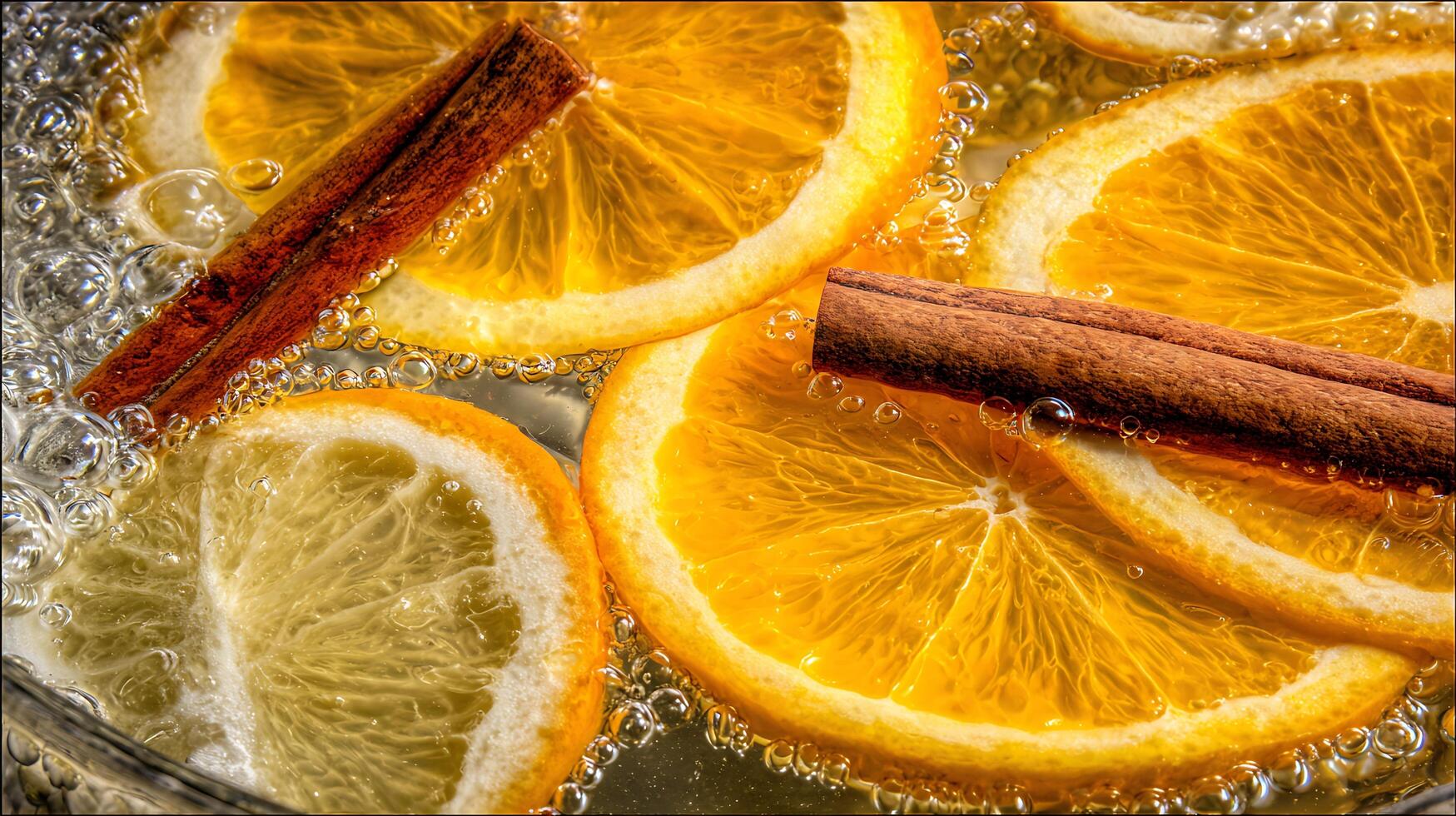 Close up of citrus slices and cinnamon sticks in boiling liquid. photo
