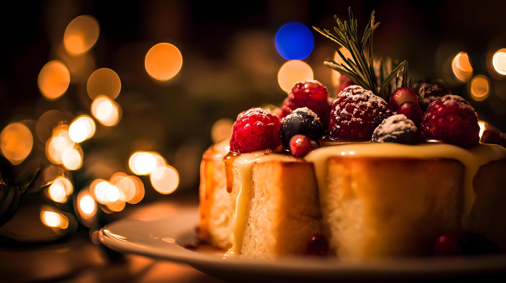 Indulgent Berry Cake with Warm Festive Lights and Drizzle. photo