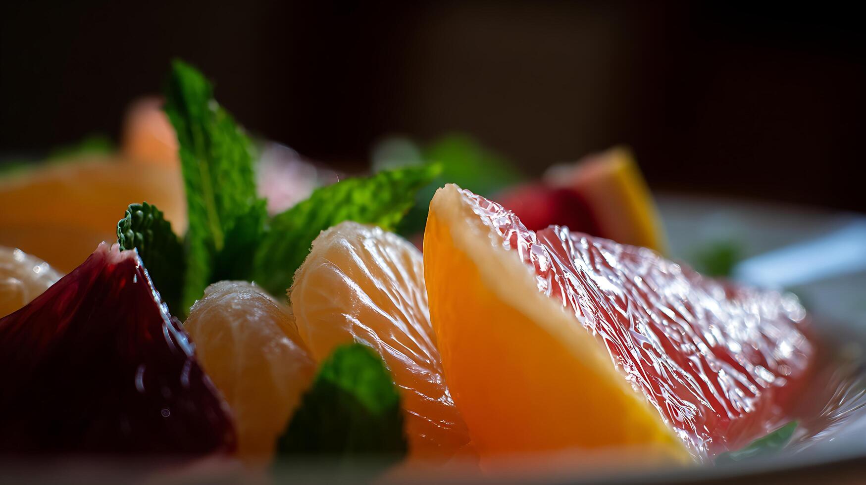 Fresh Citrus Slices with Mint Leaf Macro Detail. photo
