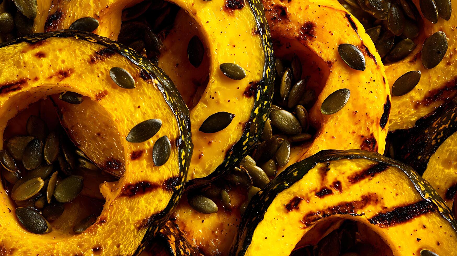 Delicious Roasted Acorn Squash Slices with Pumpkin Seeds Close Up. photo
