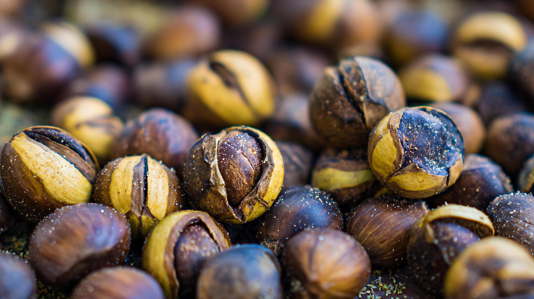 Close up of roasted chestnuts with shimmering details, perfect for autumn. photo