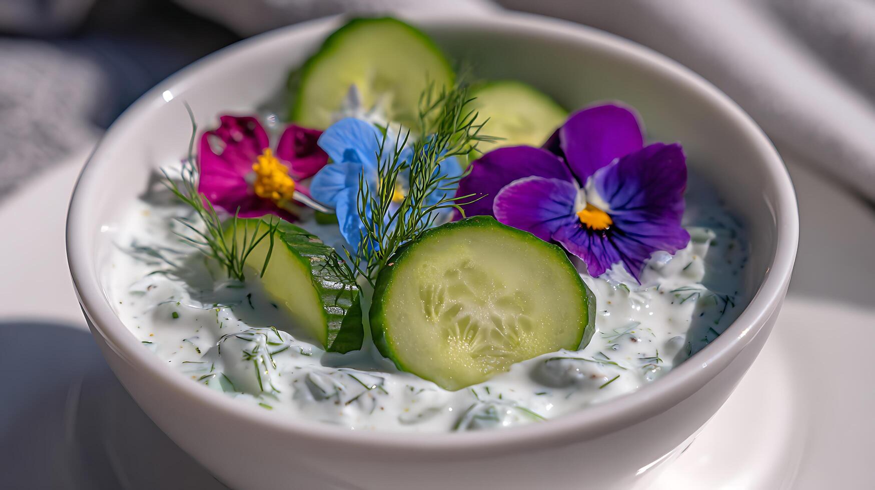 Delicious Yogurt Dip with Cucumber and Edible Flowers. photo