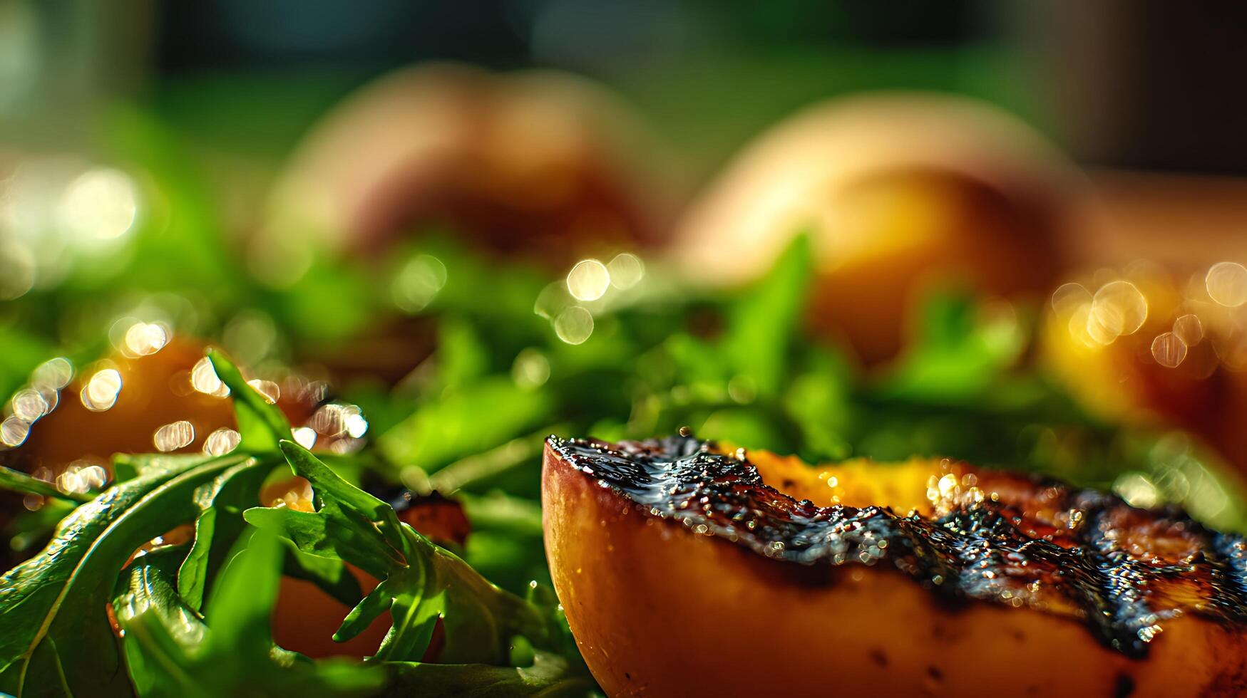 Fresh Grilled Peach Salad with Vibrant Greenery and Soft Bokeh Lights. photo