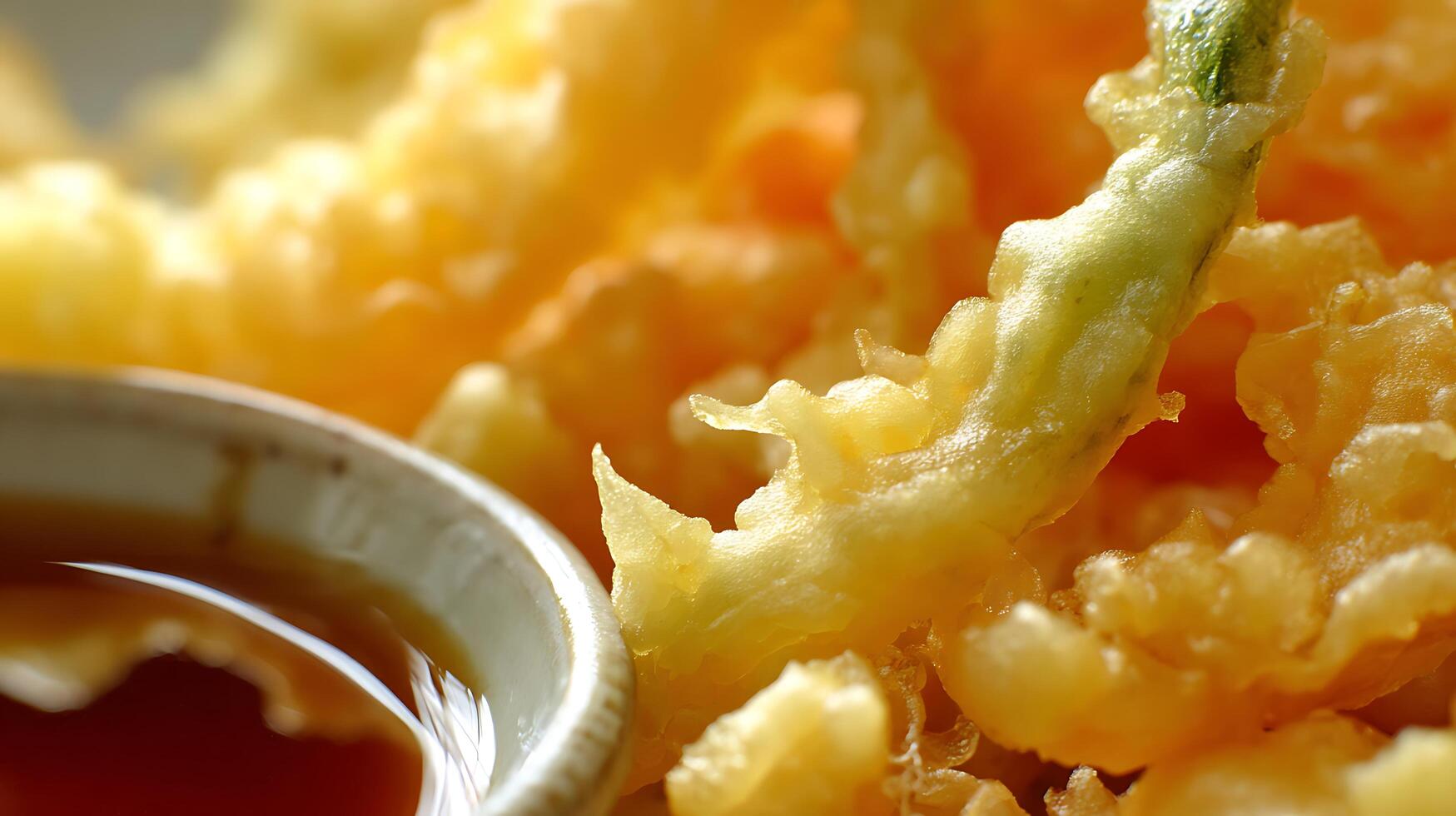 Crispy Golden Tempura Vegetables With Dipping Sauce Close Up. photo