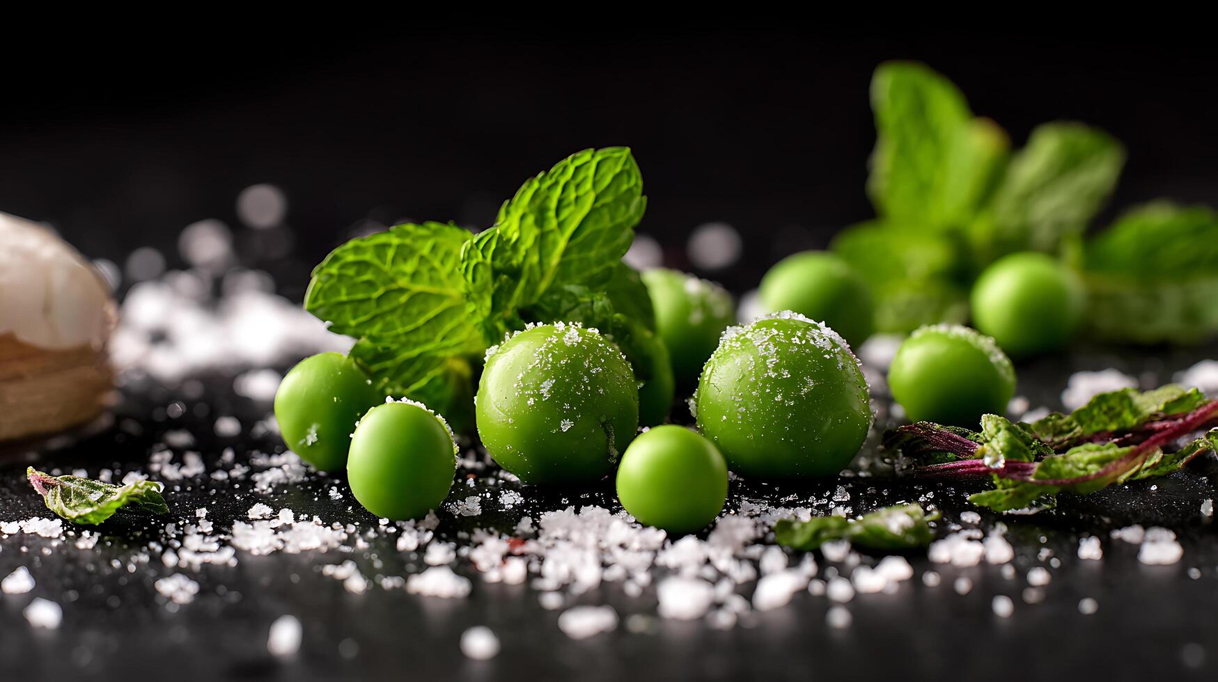 Fresh Green Peas with Mint and Salt Crystals on Dark Background. photo