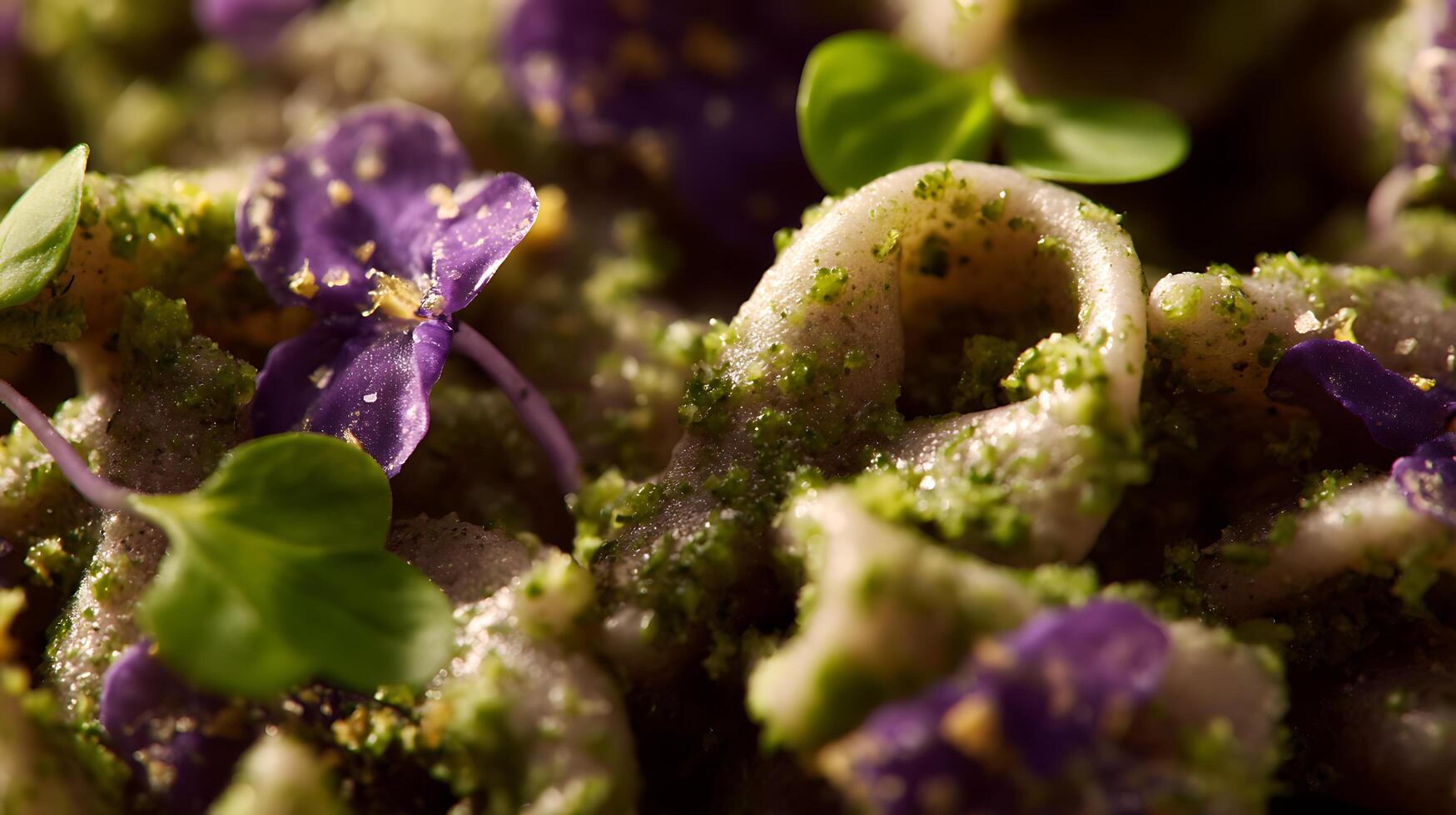 Macro View of Delicious Pasta Dish with Edible Flowers and Green Garnish. photo