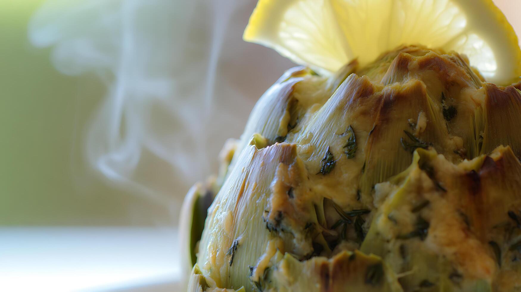 Delicious Stuffed Artichoke Topped With Lemon Slice and Steaming Hot. photo