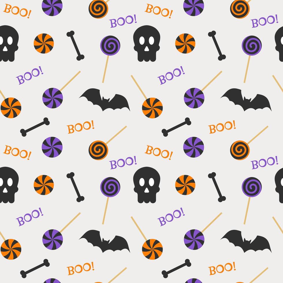Seamless repeating halloween pattern with candies, skulls, bats and text boo. illustration. vector