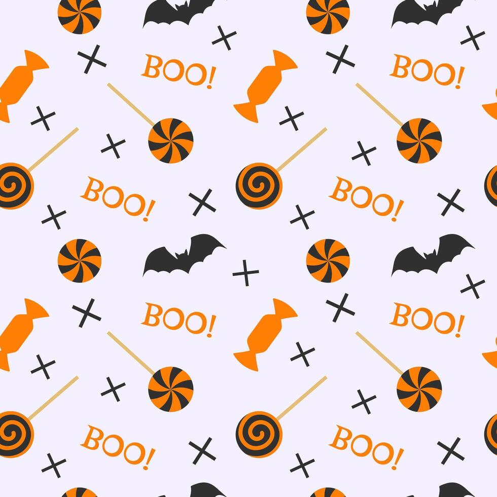 Seamless repeating halloween pattern with orange candies, bats and text boo. illustration. vector