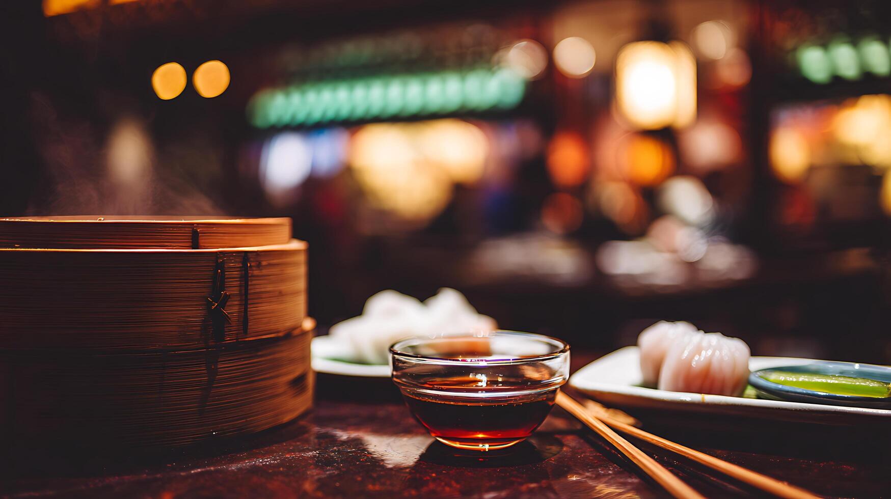 Steaming Dim Sum and Soy Sauce with Soft Bokeh Lights. photo