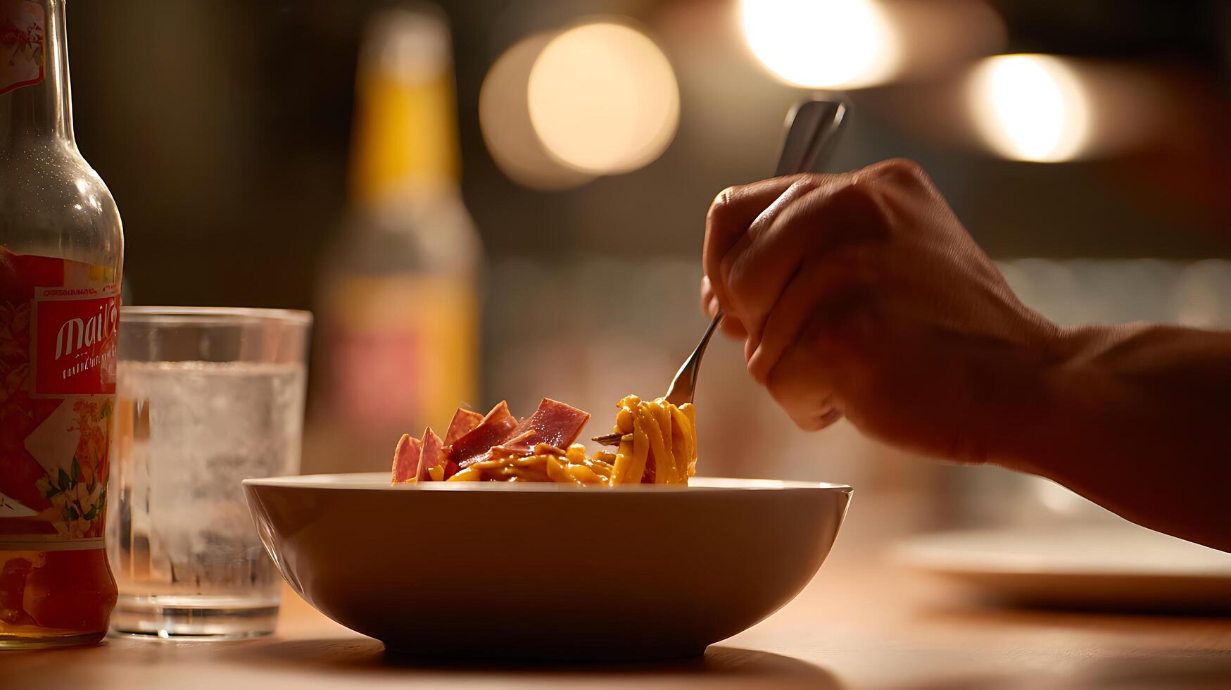 Forkful of Pasta and Sliced Ham in Warm Lighting. photo