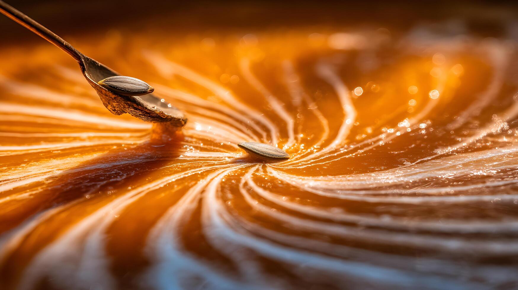 Macro shot of a spoon stirring golden liquid with seeds. photo