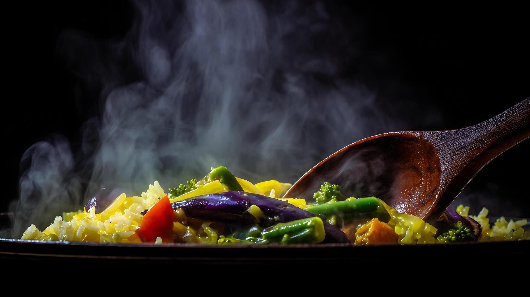Hot Steaming Vegetables and Rice with Wooden Spoon. photo