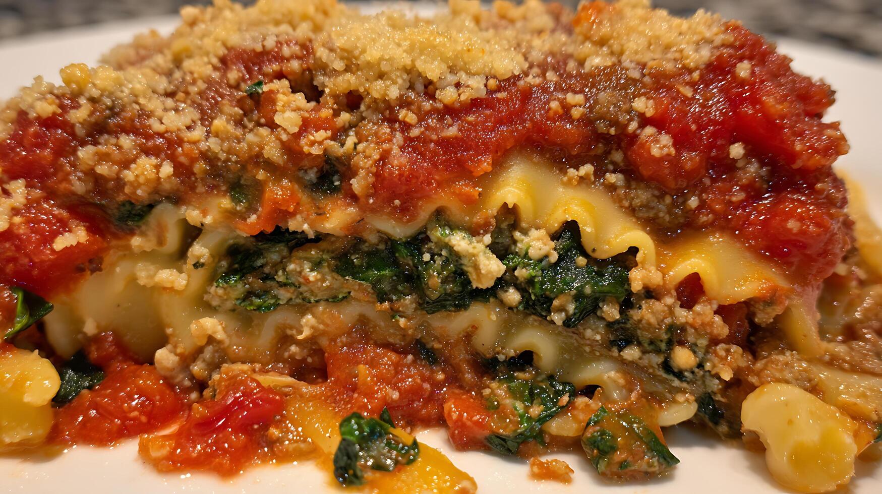 Delicious Spinach and Ricotta Lasagna Slice on a Plate. photo