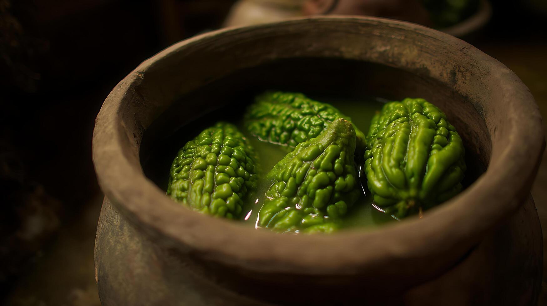 Vibrant Bitter Melons Soaking in Liquid Inside a Rustic Clay Pot. photo