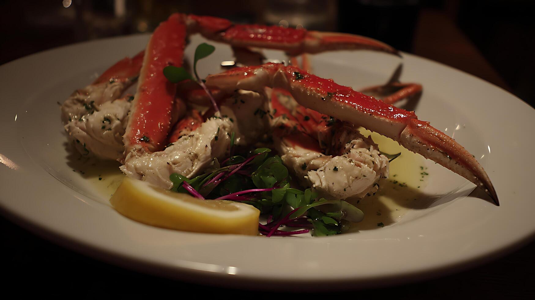 Delicious Snow Crab Legs Served with Lemon and Greens. photo