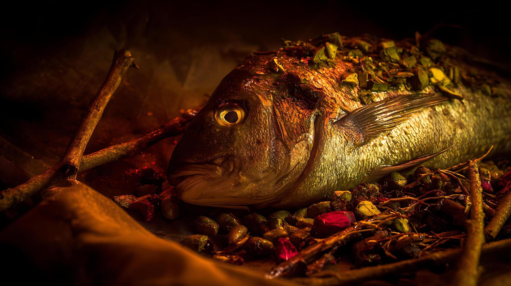 Prepared Whole Fish with Herbs and Garnish on Dark Background. photo