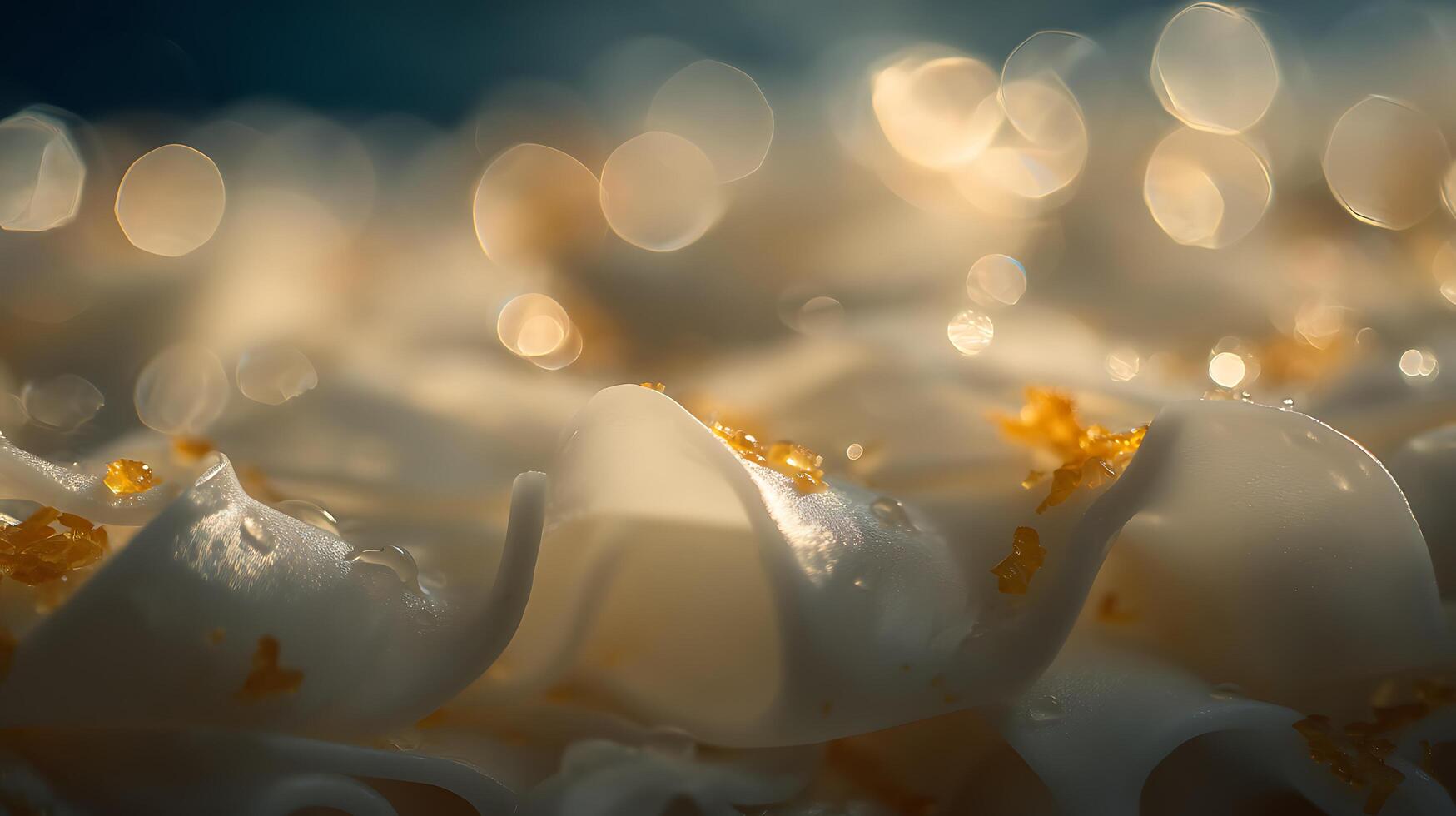Glowing Abstract Dessert with Golden Crystals and Droplets. photo