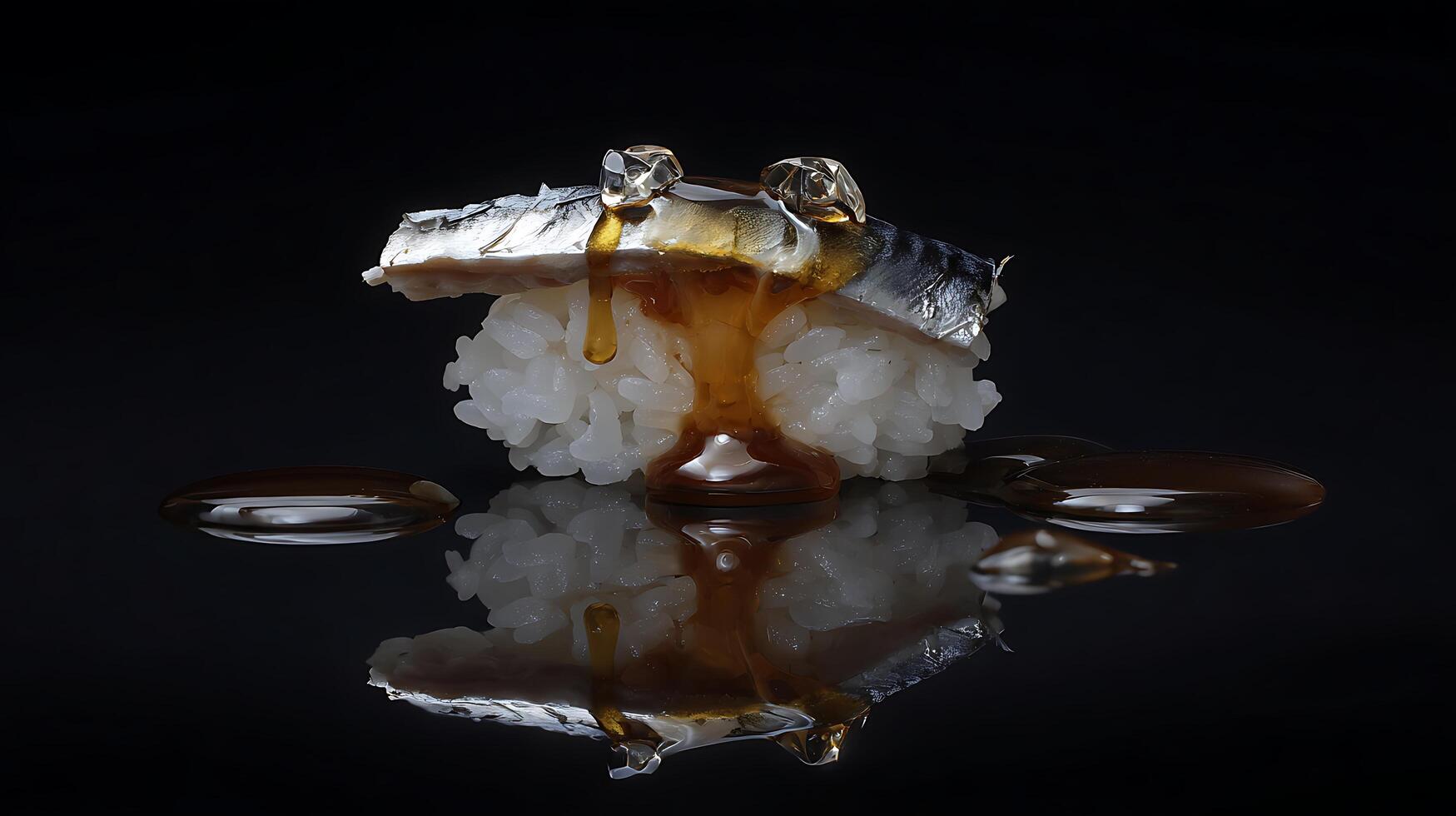 Drizzling Sauce Onto Delicious Mackerel Sushi with Rice Balls photo
