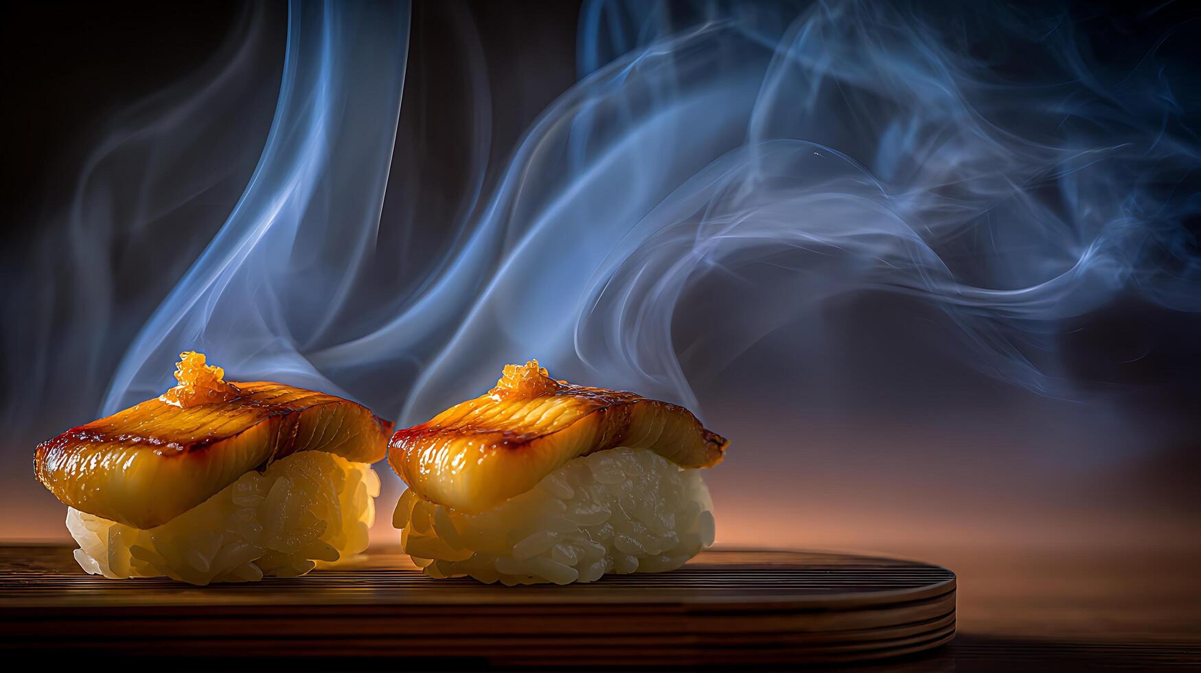 Steaming Unagi Nigiri Sushi Served on a Wooden Board with Wispy Smoke. photo