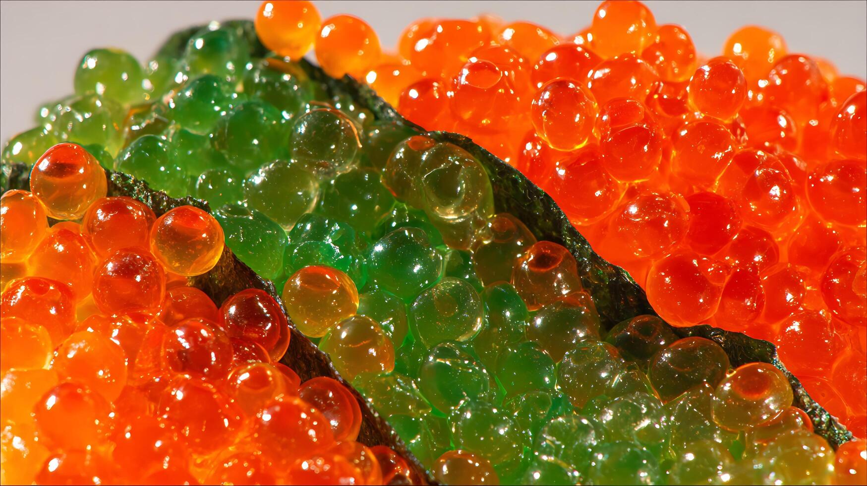Close Up of Vibrant Orange and Green Caviar on a Dark Surface. photo