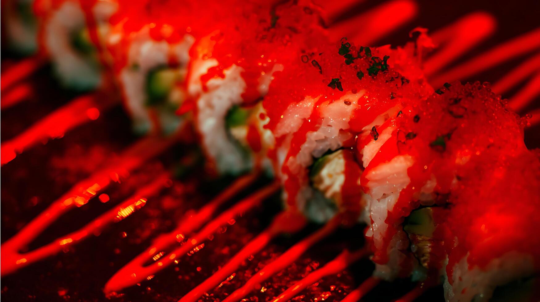 A Bold and Spicy Sushi Roll with Red Sauce Drizzle and Roe. photo