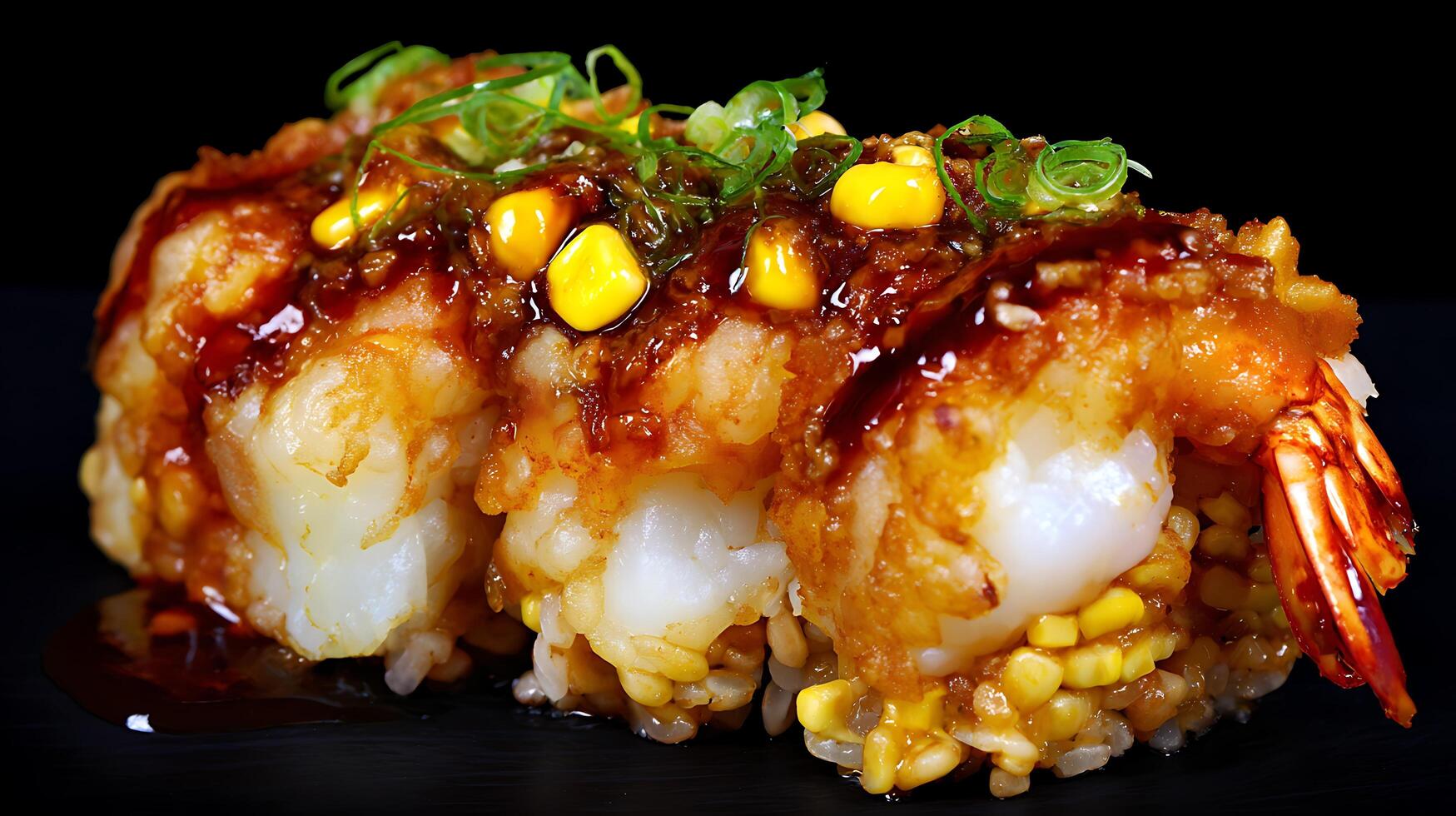 Delicious Shrimp Roll with Corn and Sauce on a Black Plate photo