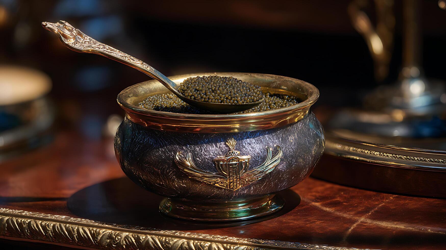 Luxurious Caviar Served in Ornate Bowl with Gold Spoon. photo