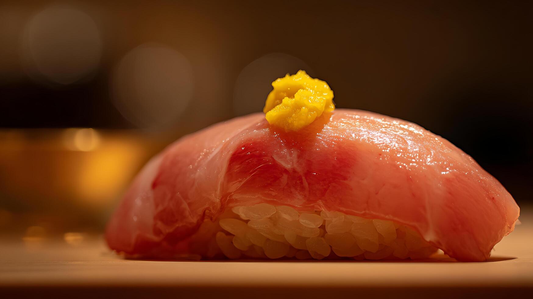 Delicious Tuna Nigiri Sushi with Yellow Mustard Topping Close Up. photo
