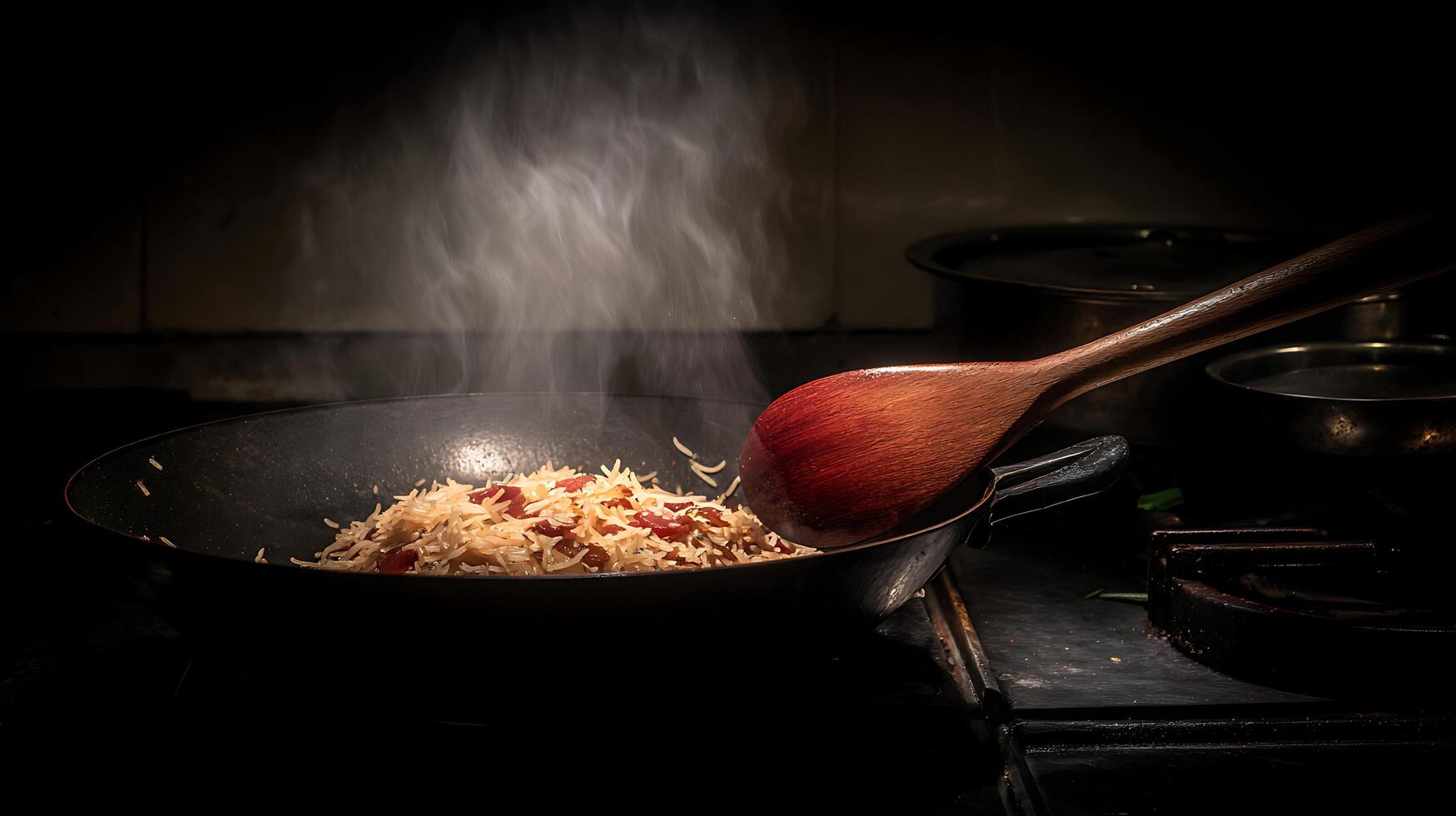 Steaming Wok Stir Fry Cooking A Delicious Rice Dish. photo