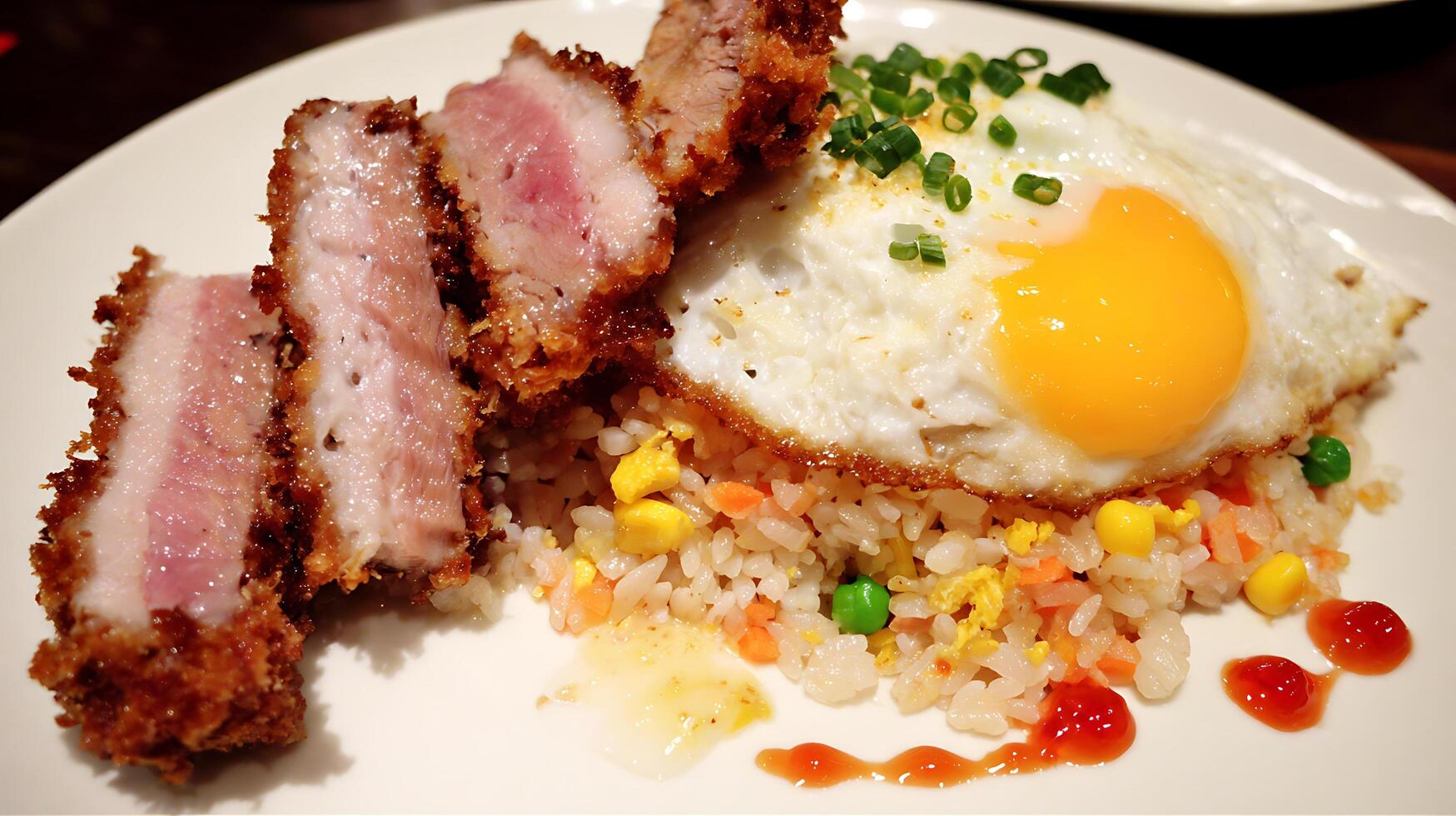 Savory Fried Pork Cutlet with Sunny Side Up Egg and Fried Rice. photo