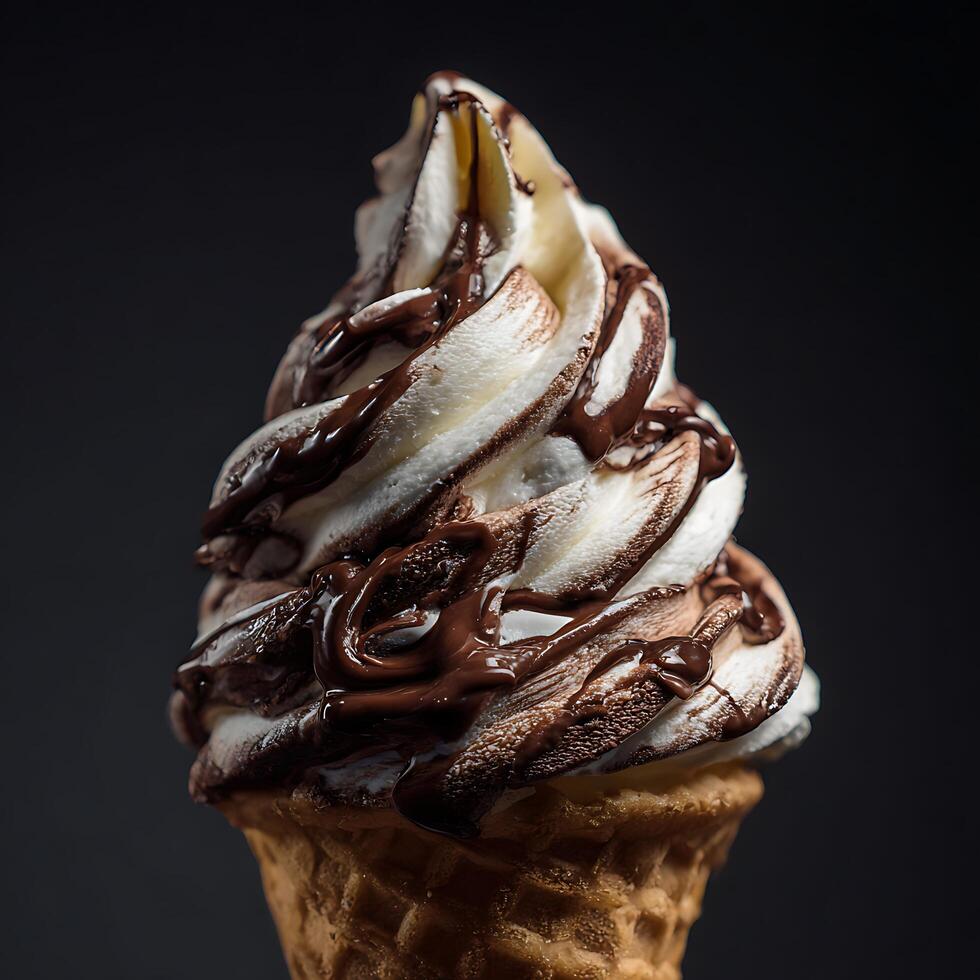 Delicious Ice Cream Swirl with Chocolate Sauce in a Waffle Cone photo