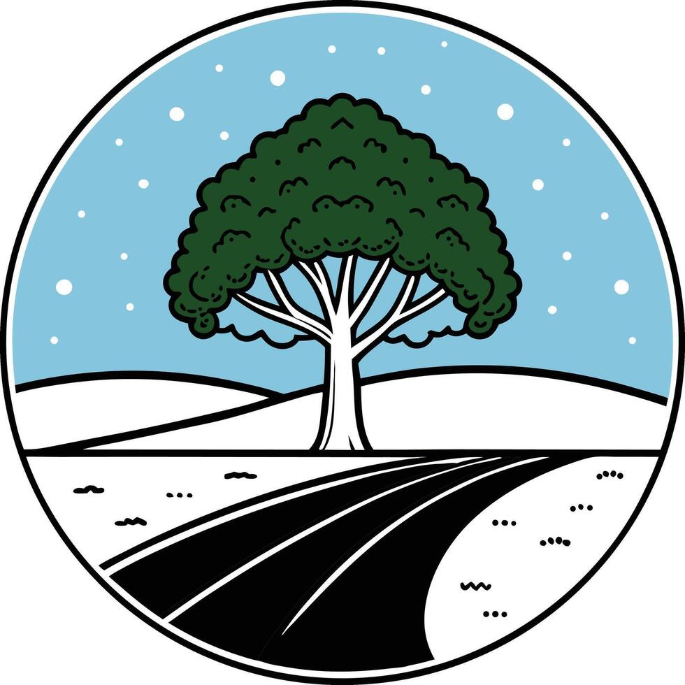 Green tree on snowy landscape with road winter vector