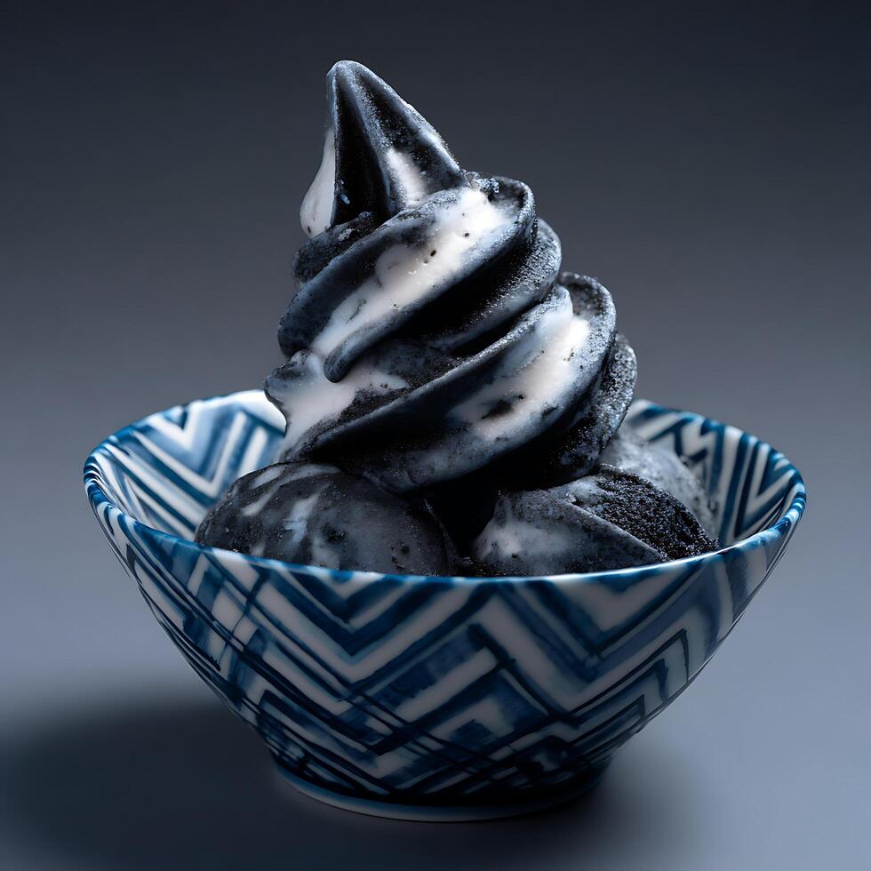 Mysterious Black Sesame Soft Serve Ice Cream in a Stylish Bowl. photo