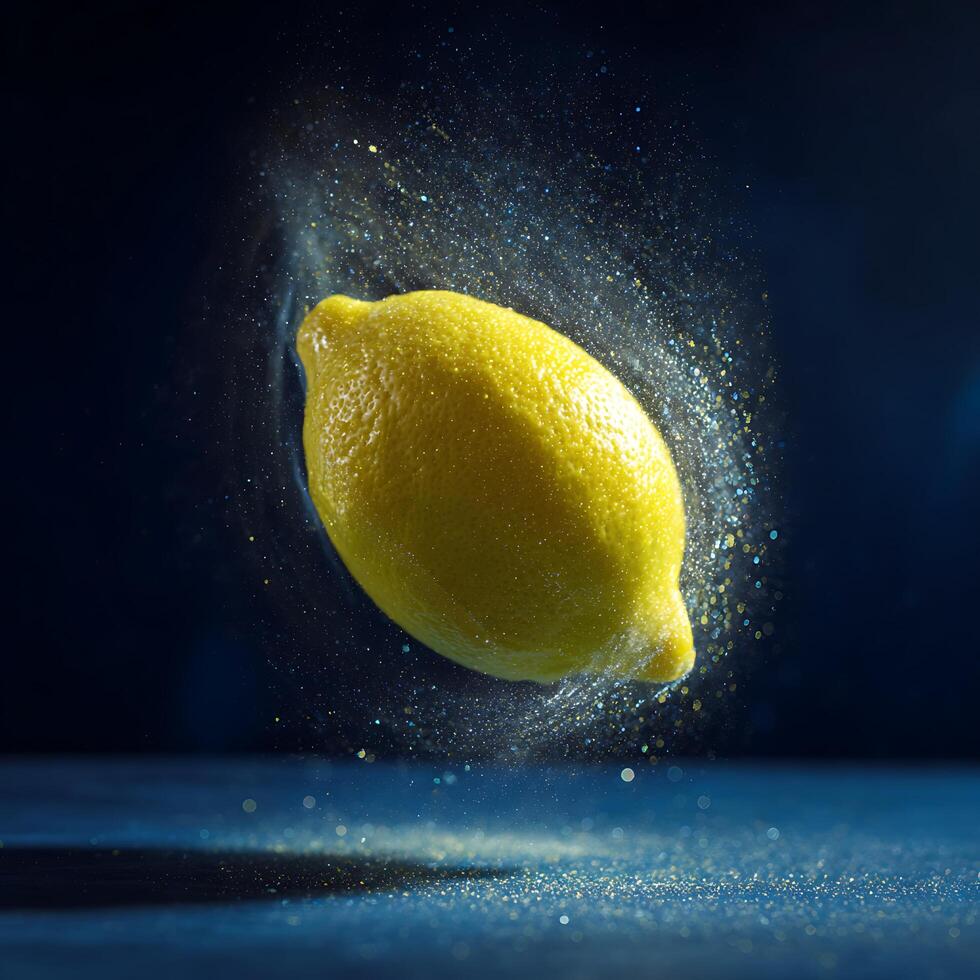 A bright lemon suspended in a glittering, magical swirl of light. photo