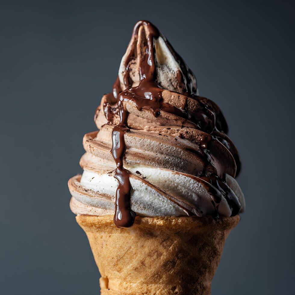 Delicious Swirl Ice Cream Cone Drizzled with Rich Chocolate Sauce. photo