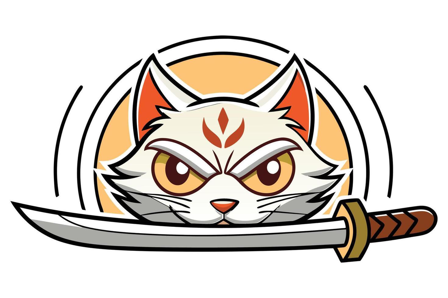 Fierce white cat with katana orange yellow vector