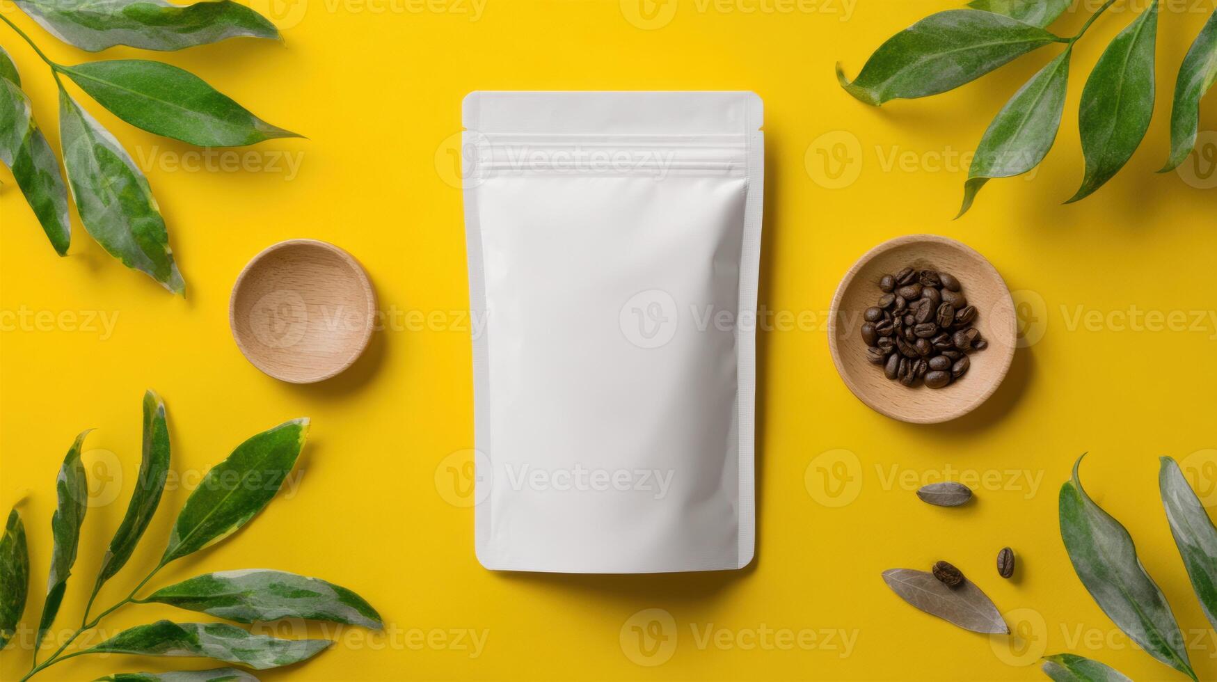 Simple Packaging Pouch Mockup Surrounded by Natural Elements and Minimalistic Props on a Vibrant Yellow Background photo