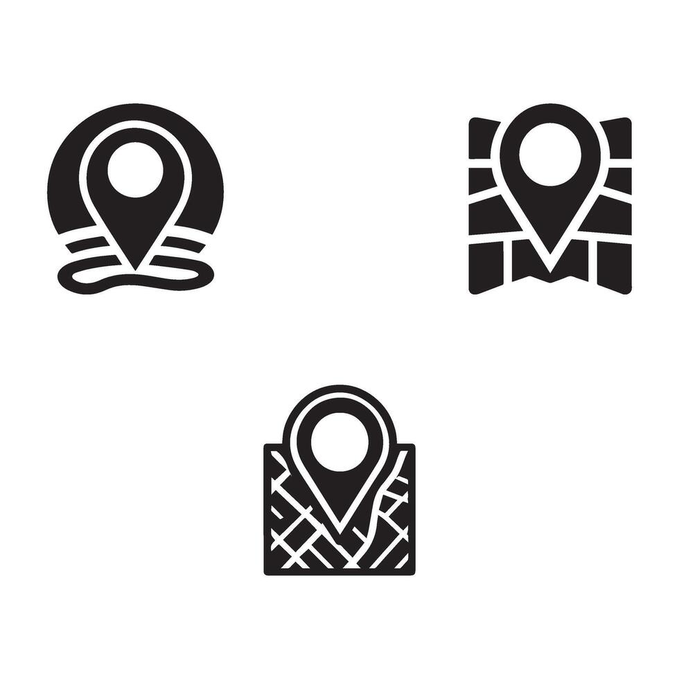 Set of Location Pin Icons on Map Navigation and Travel Concepts in Black and White Silhouette Style silhouette vector