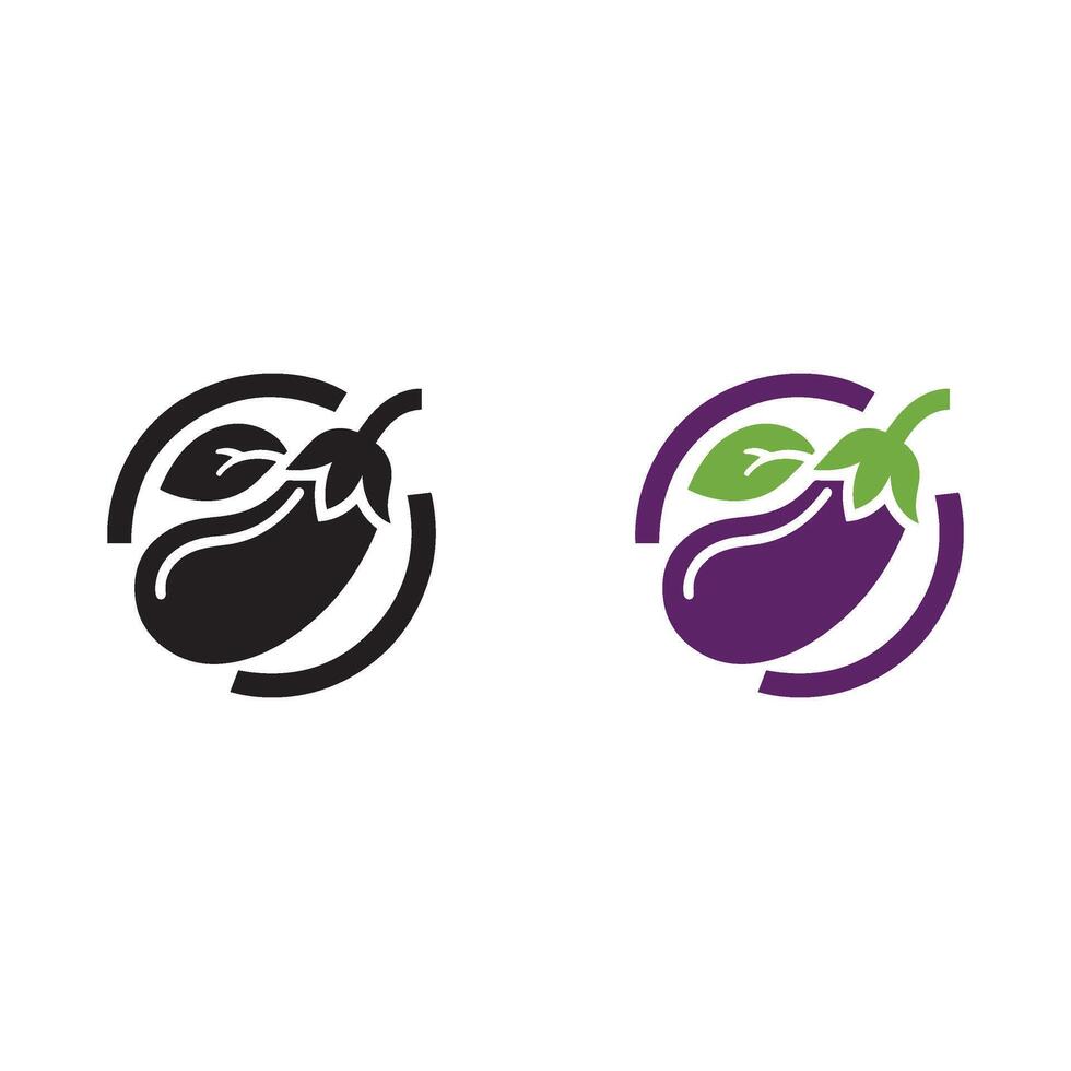 Two Eggplant Icons One in Black Silhouette and One in Color Both Surrounded by a Circle silhouette vector
