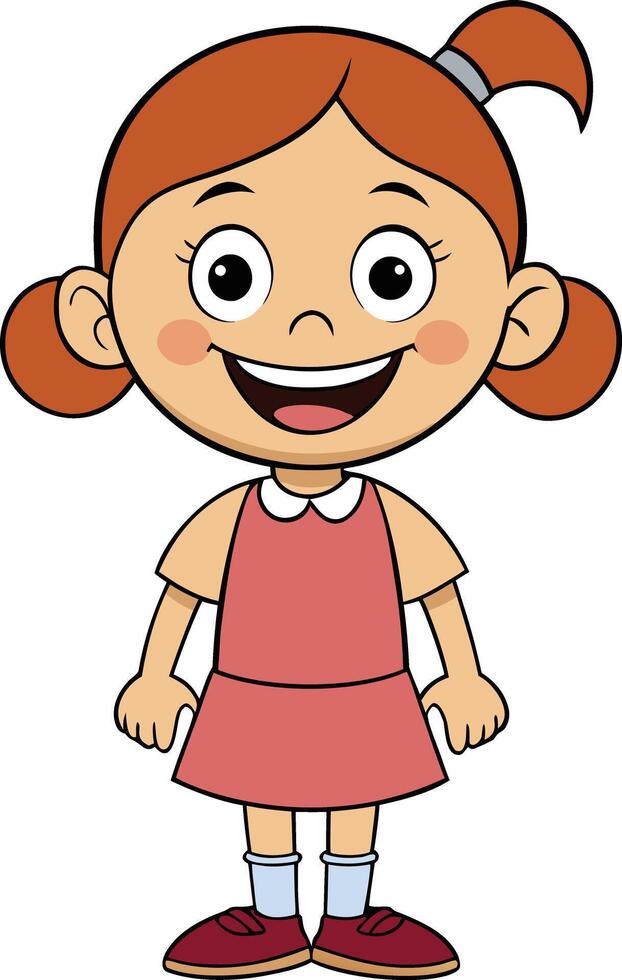 Smiling cartoon girl in pink dress with pigtails standing happily and arms spread wide in cheerful pose vector