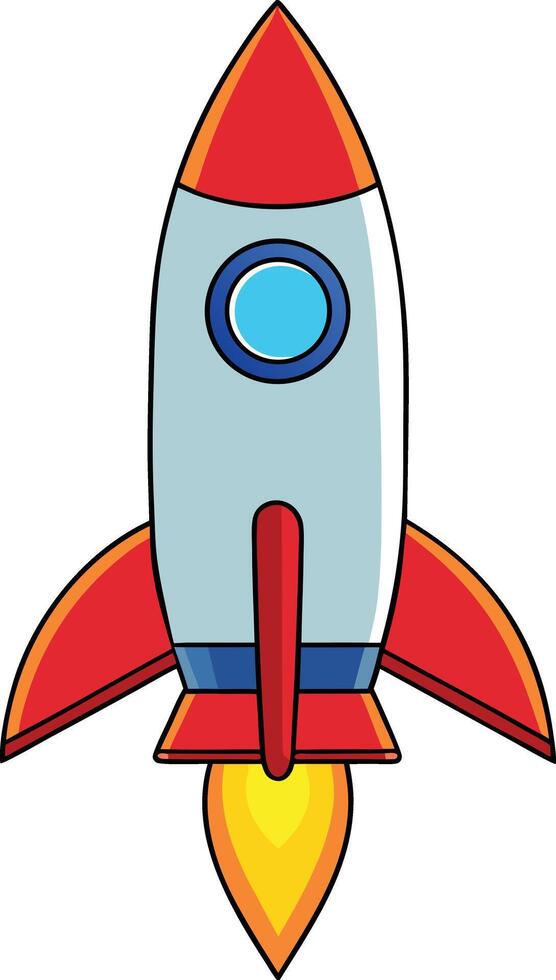 Colorful cartoon rocket with blue window and red wings launching upward with bright flame in cheerful space style vector