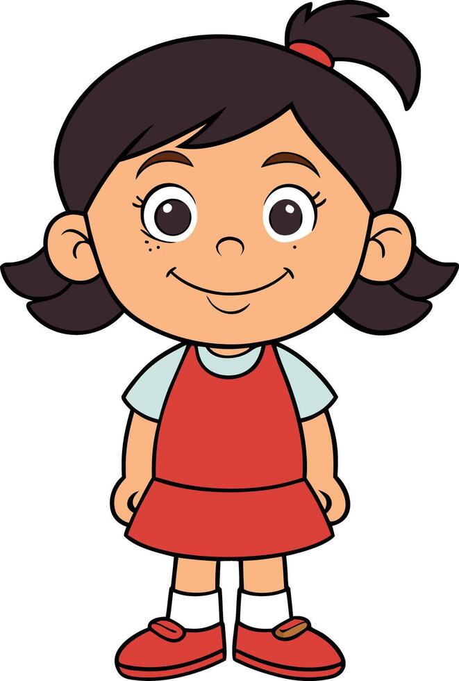 Cartoon girl with red dress and tied hair standing confidently with a bright smile in simple style vector