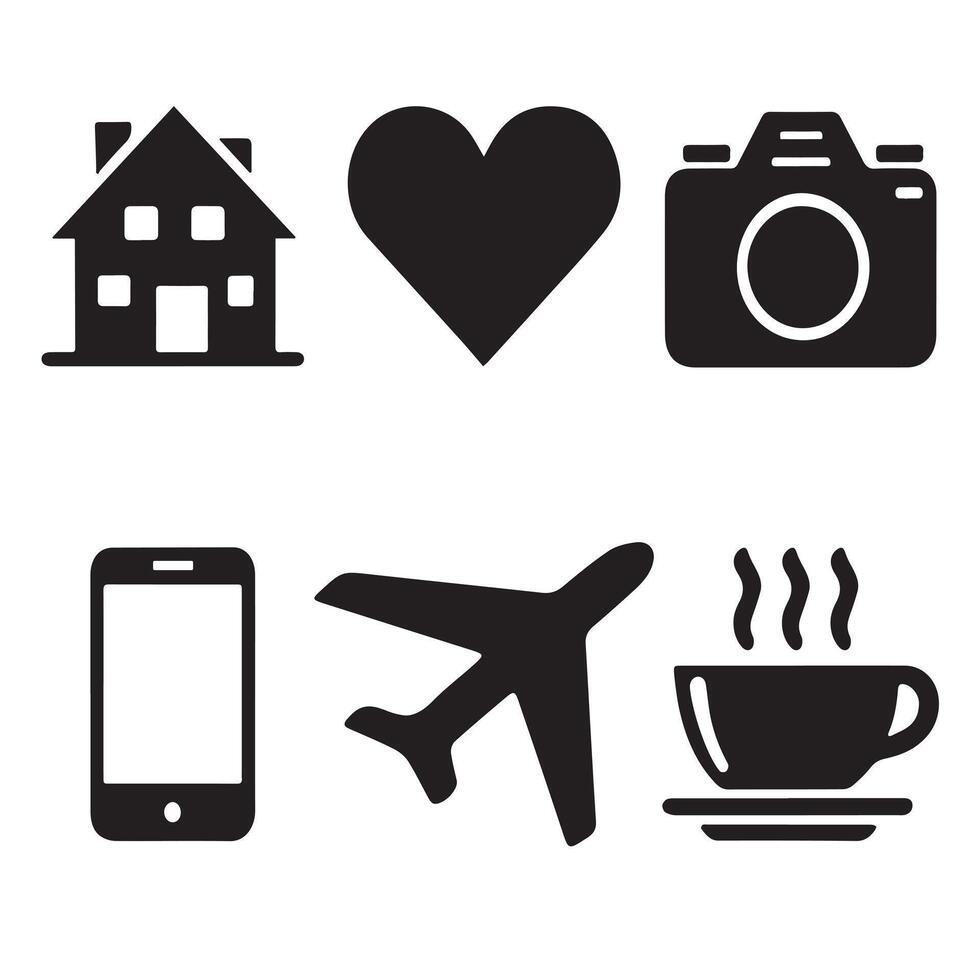 A silhouette image of a Black Filled Icons Home, Heart, Star, Camera, Plane, Car, Smartphone, and Coffee Cup with a white background vector